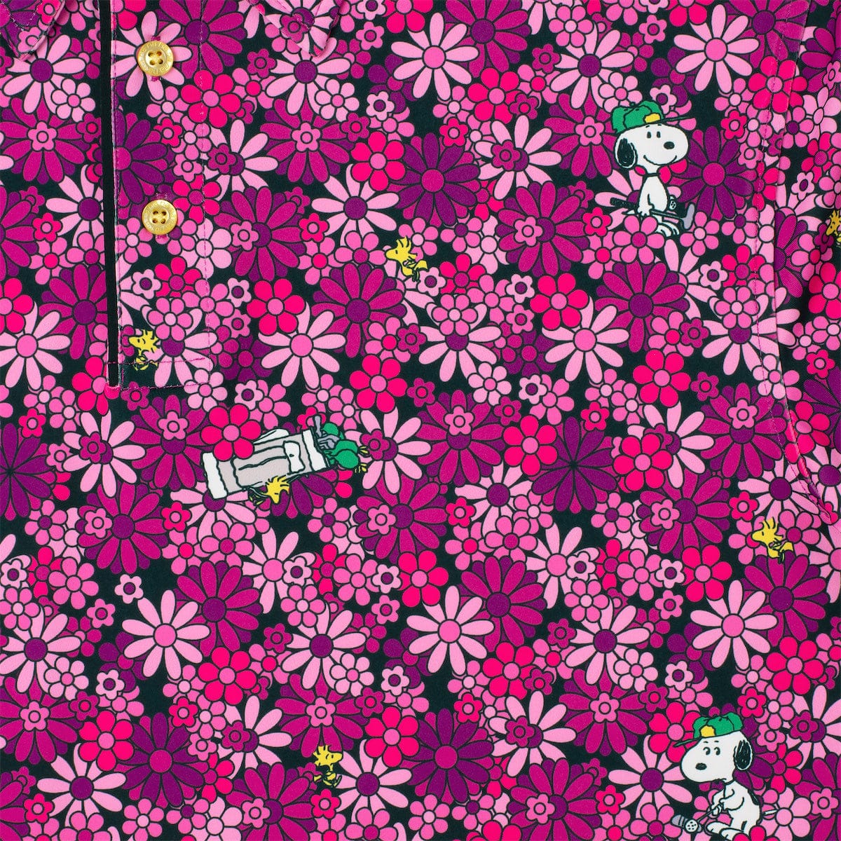 Snoopy swinging a golf club graphic printed amongst pink azalea blossoms