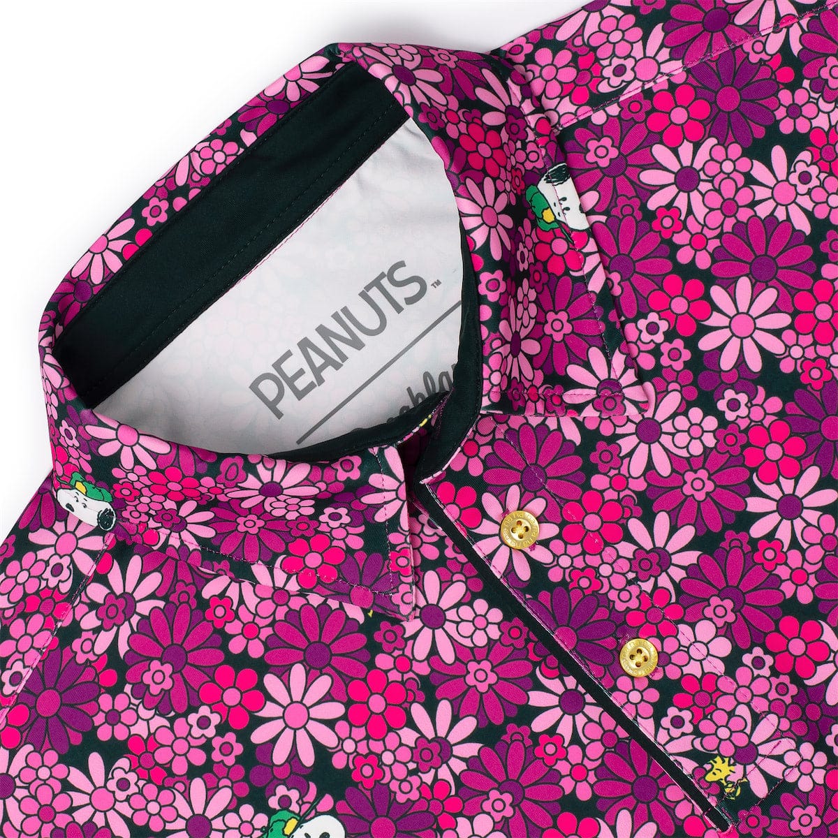 Back view of the pink floral pattern polo shirt