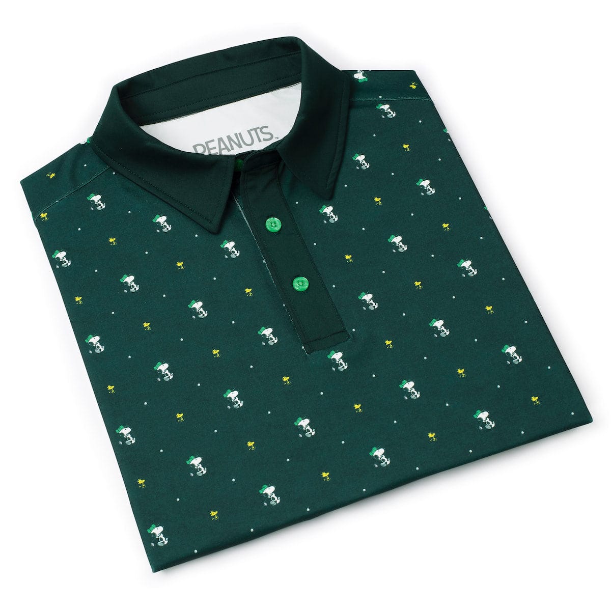 Lifestyle view of the Peanuts polo styled for a day on the golf course