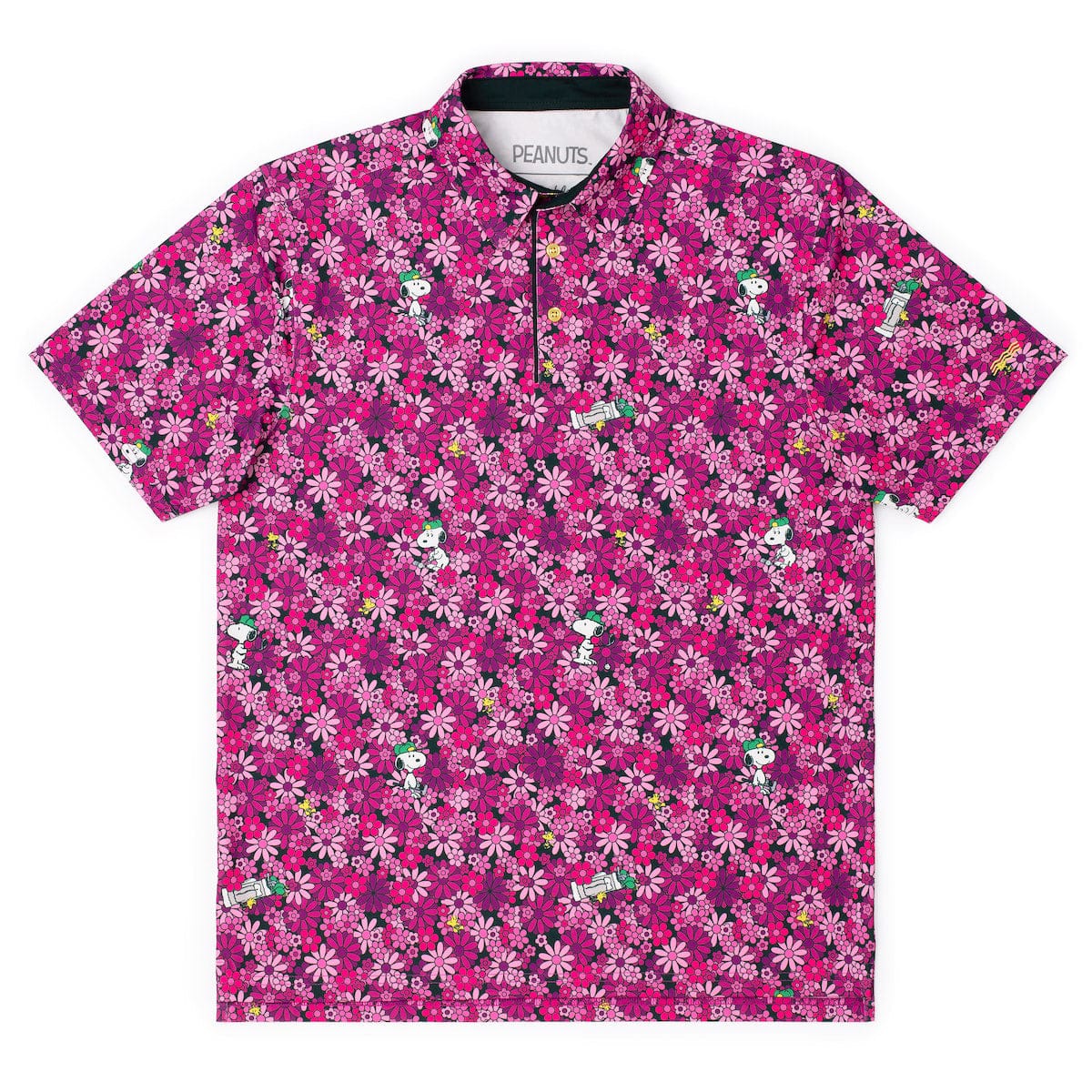 Peanuts x RSVLTS Azalea Ace Polo front view featuring pink floral pattern with Snoopy and Woodstock