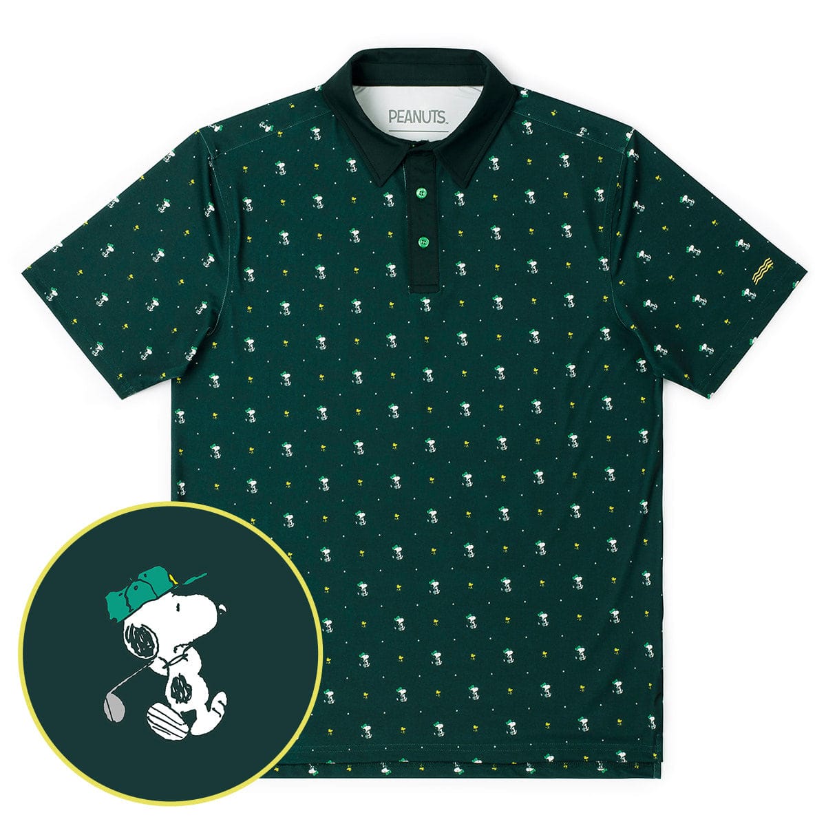 Peanuts x RSVLTS Birdie and Beagle polo shirt front view showing Snoopy and Woodstock graphic pattern