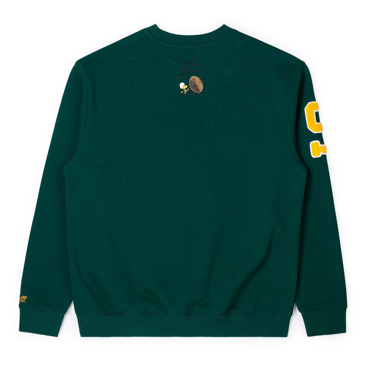 Close-up detail of the embroidered Snoopy football design on the chest of the sweatshirt