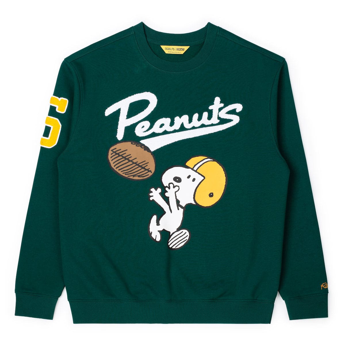 Front view of the Peanuts x RSVLTS crewneck sweatshirt in navy blue with an embroidered Snoopy football graphic on the chest