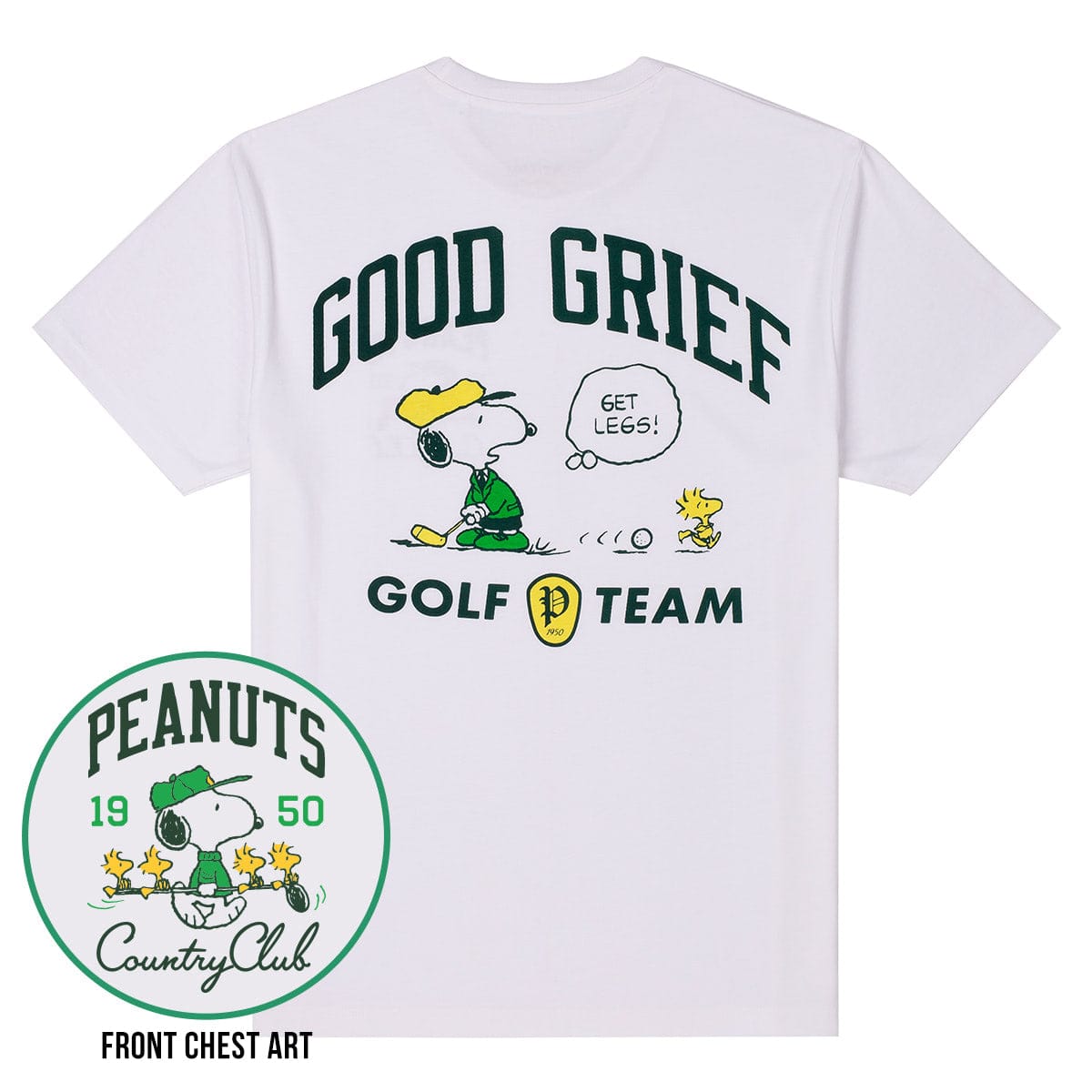 Charcoal crewneck t-shirt with a Peanuts Country Club chest badge on the front