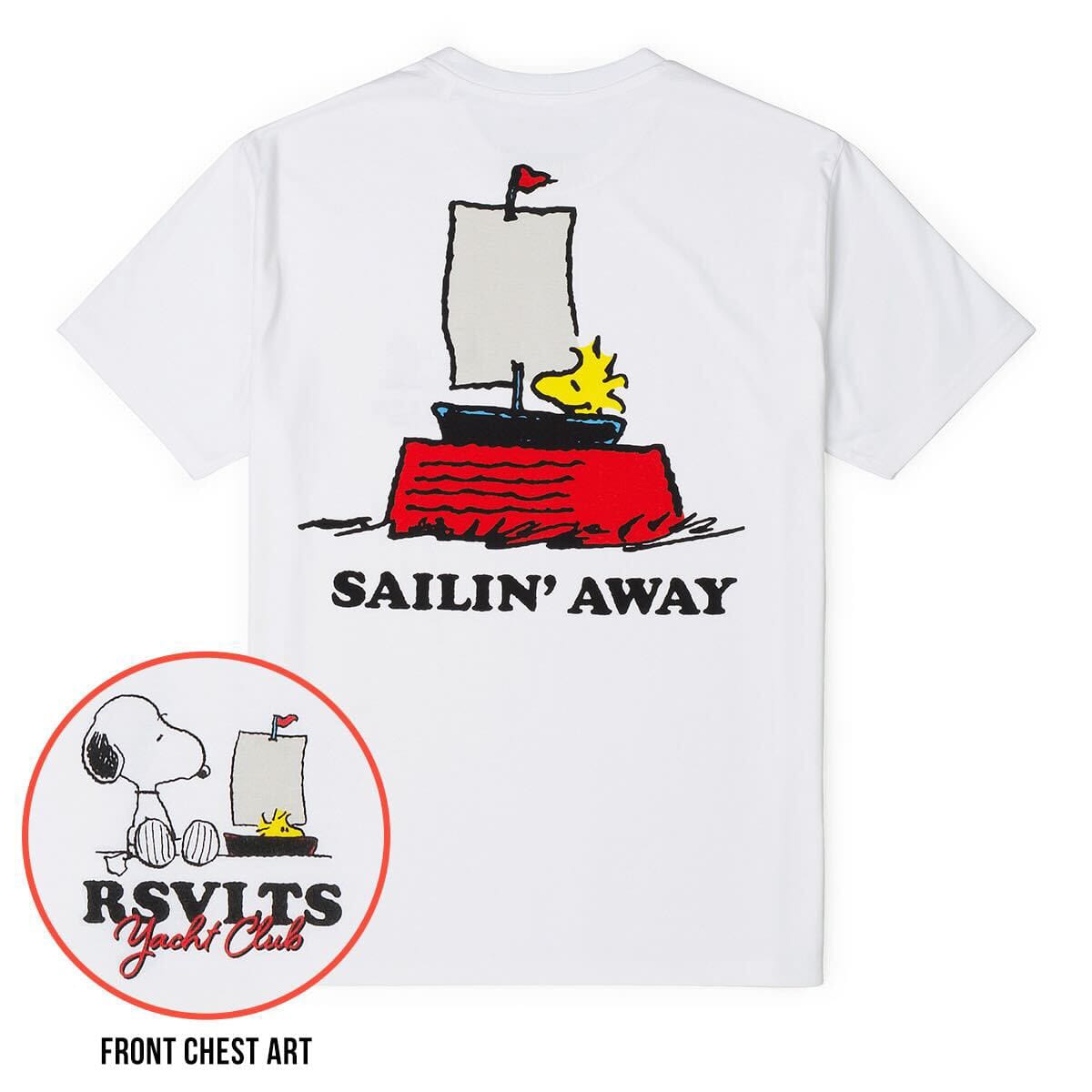 Peanuts crewneck tee by RSVLTS featuring Snoopy and Woodstock logo on the front chest against a soft background