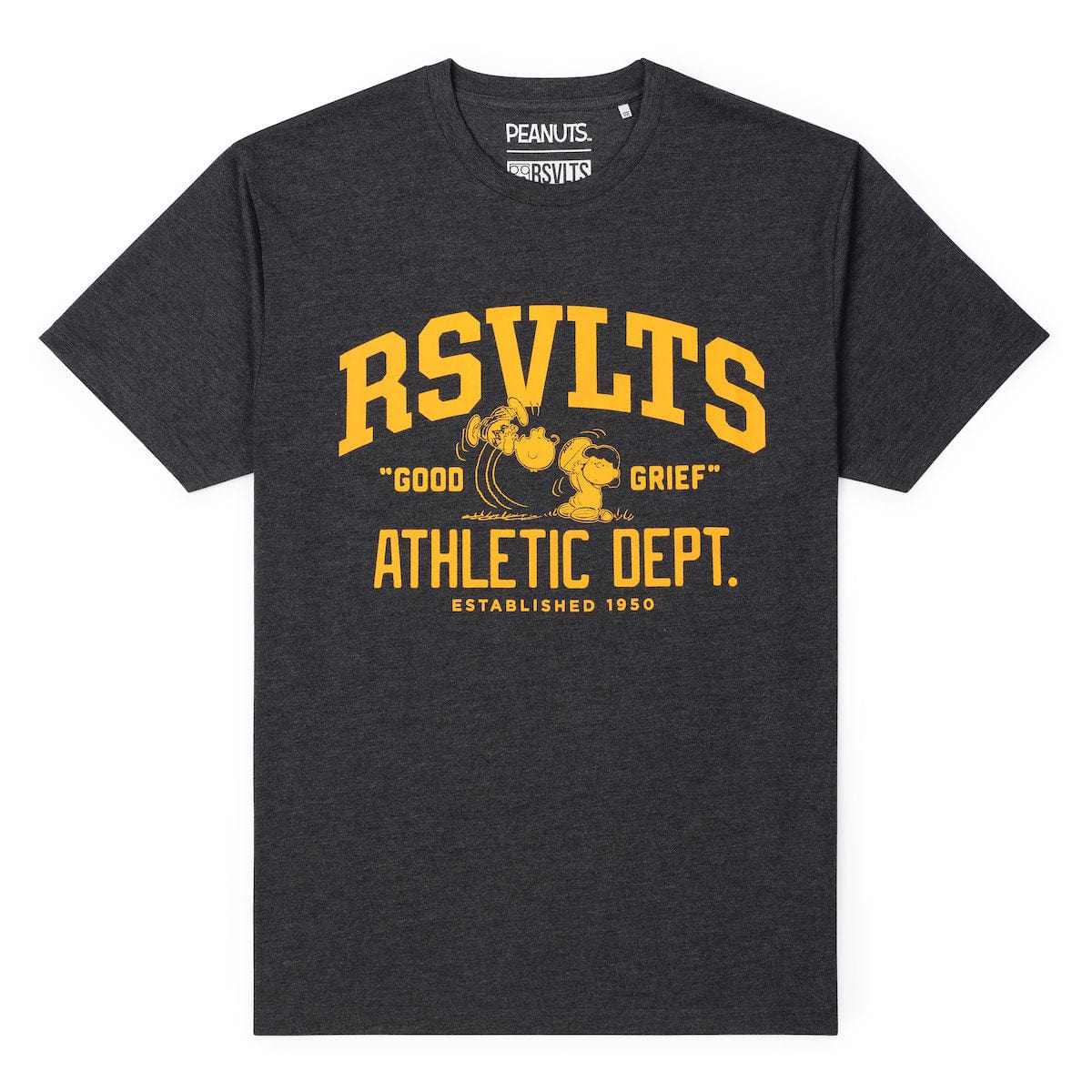 Charcoal crew-neck t-shirt featuring a vintage Good Grief Athletic Dept graphic centered on the chest