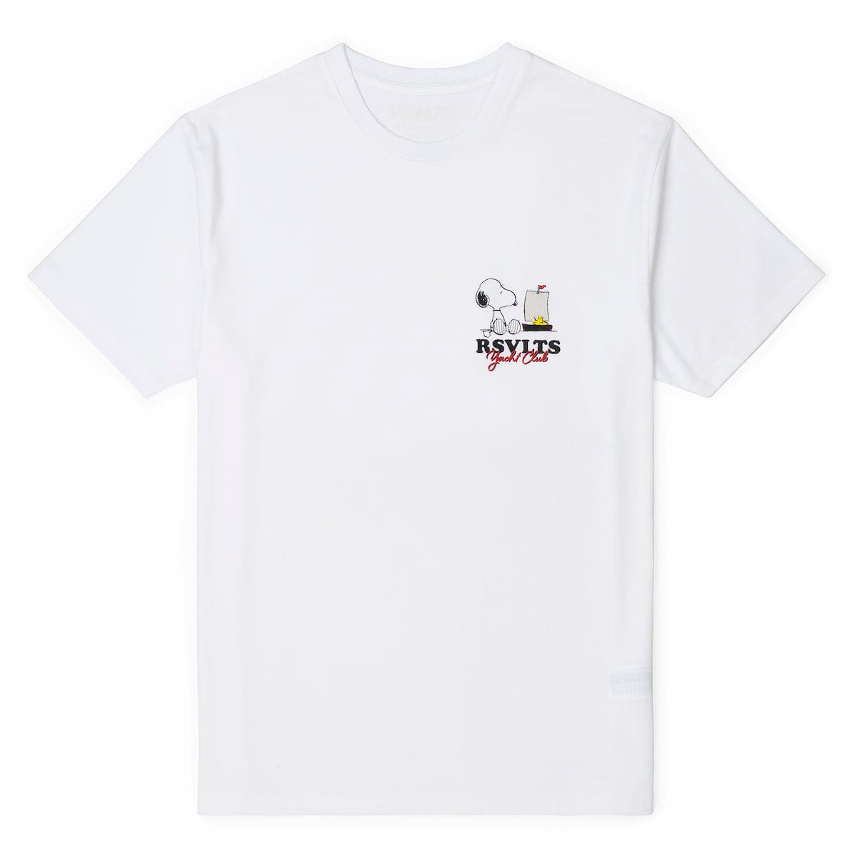 Close-up detail of the Woodstock in a sailboat graphic on the back of the crewneck tee