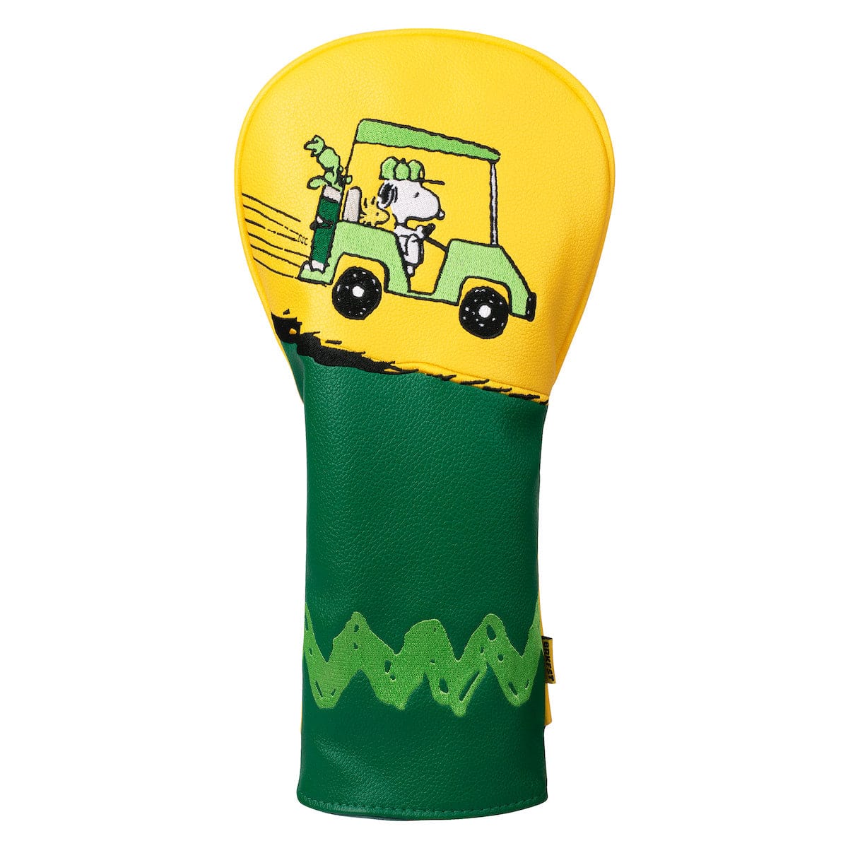 Synthetic leather golf driver headcover featuring the Peanuts Country Club design
