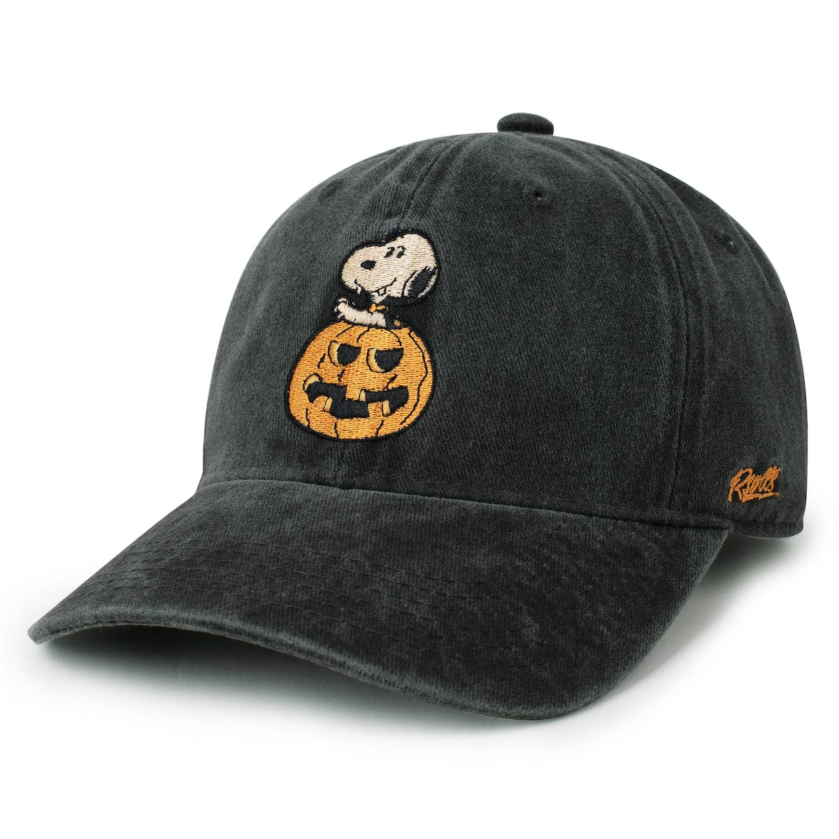 Front view of the Peanuts x RSVLTS Dad Hat showing vampire Snoopy embroidered on the front crown