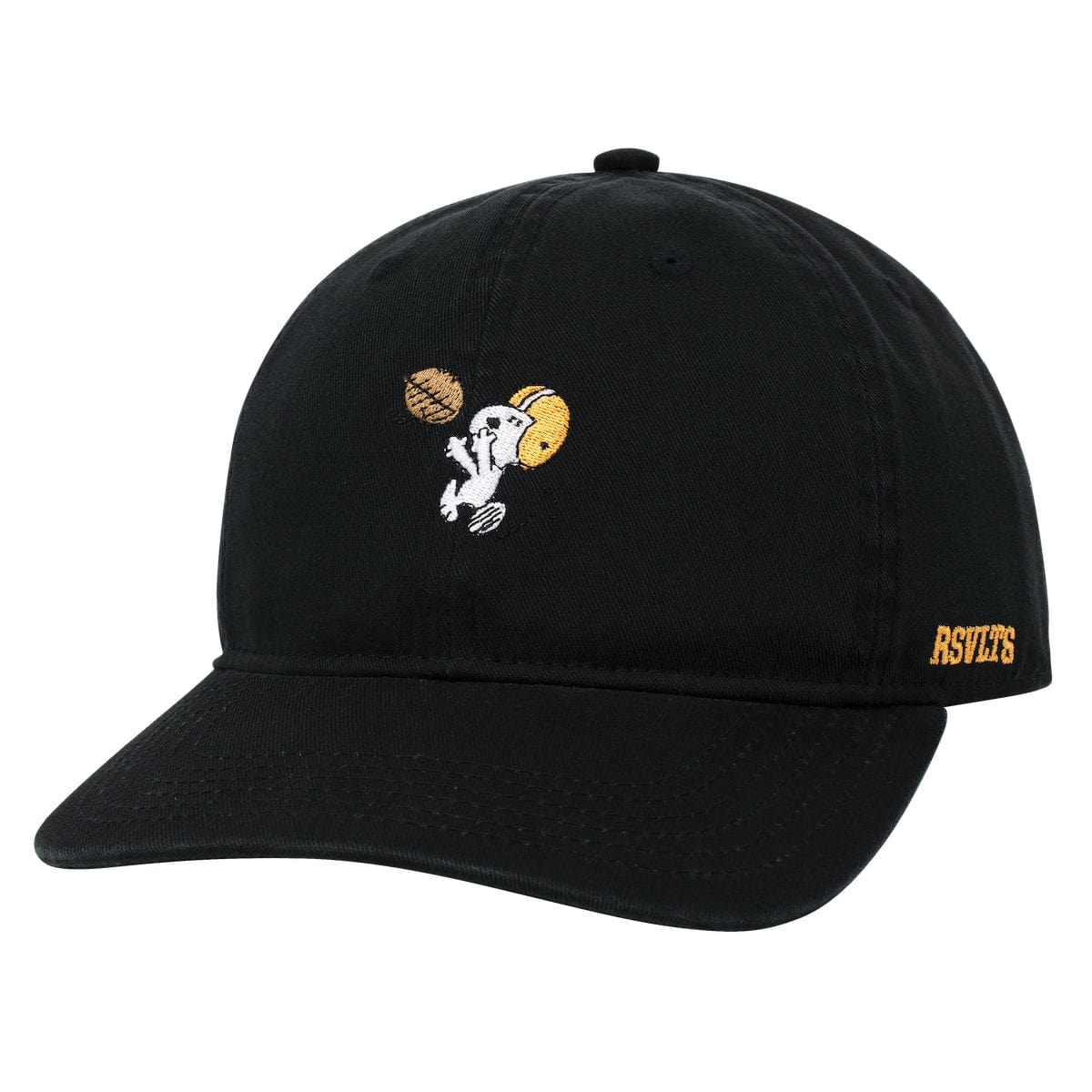 Front view of the Peanuts x RSVLTS Snoopy Scores dad hat in navy blue with an embroidered Snoopy baseball graphic
