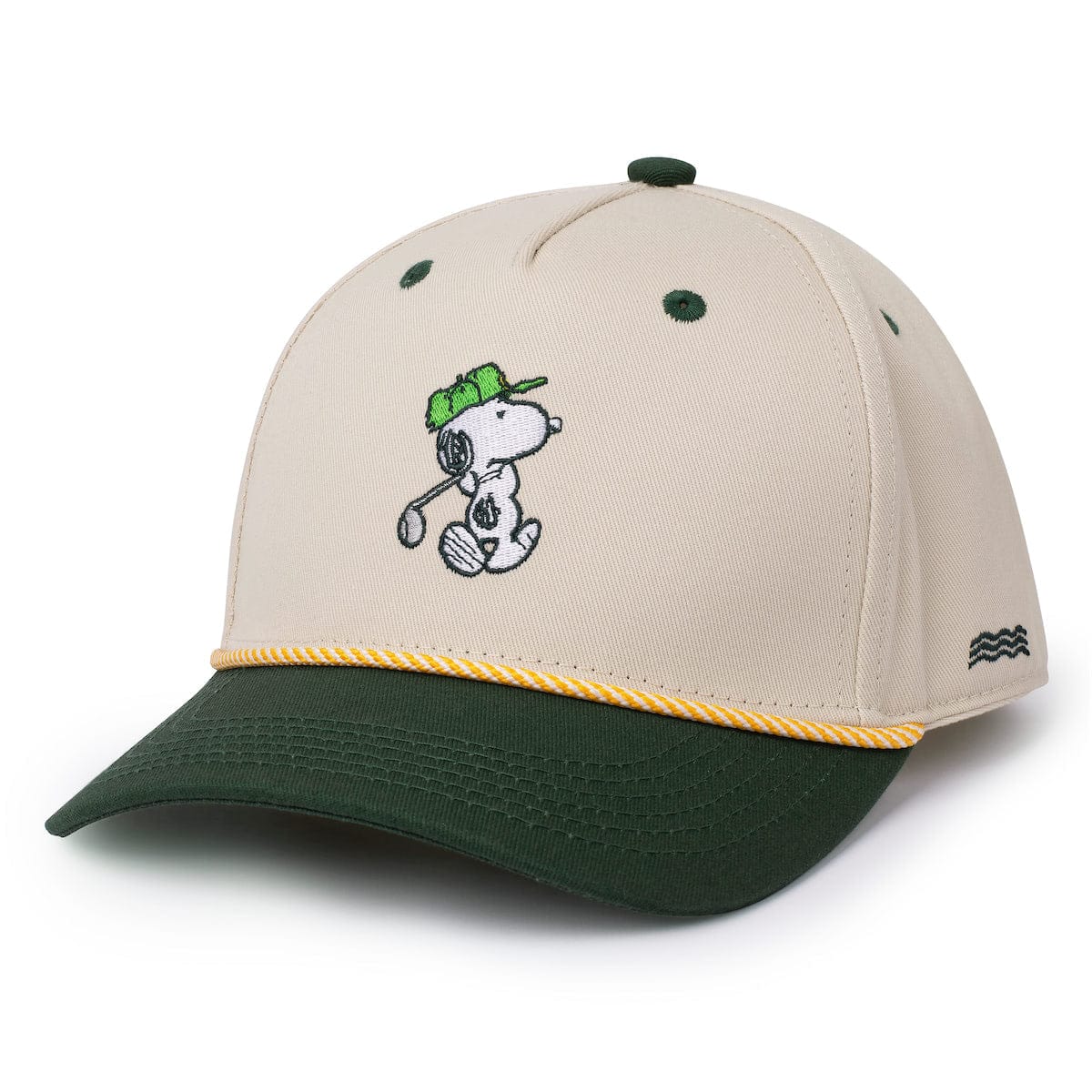 Front view of the Peanuts x RSVLTS Good Grief Golf 5-panel curved brim hat in classic tones