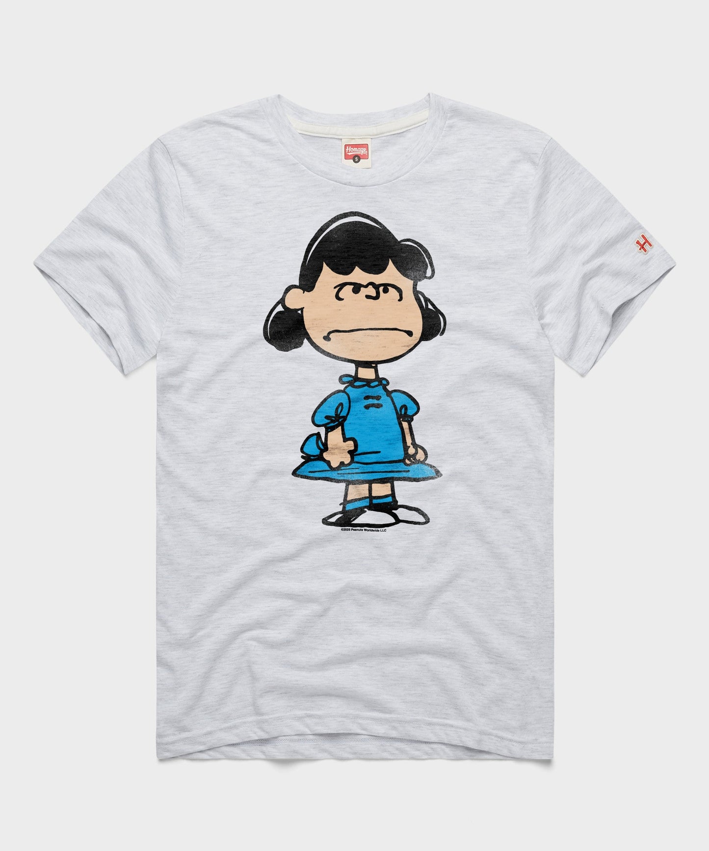 Ash gray crewneck t-shirt featuring a vintage graphic of Lucy van Pelt on the front chest