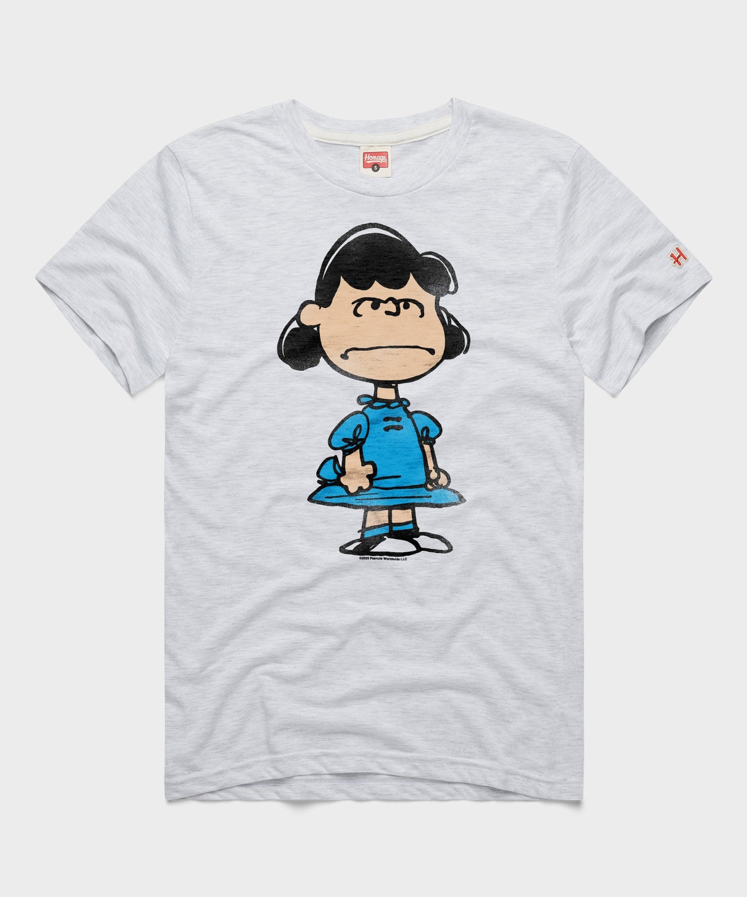 Ash gray crewneck t-shirt featuring a vintage graphic of Lucy van Pelt on the front chest