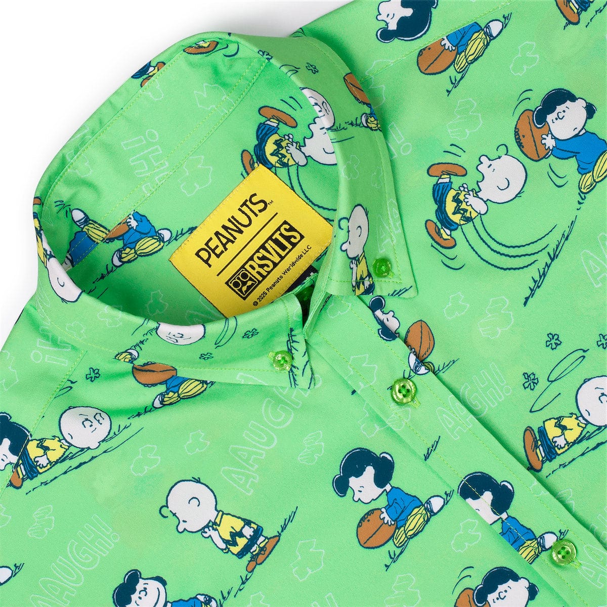 Sleeve detail showing the smooth tailoring and vibrant print quality of the Peanuts button-down shirt