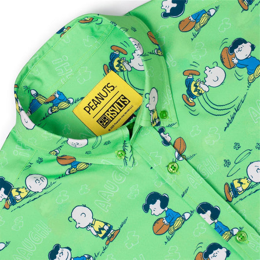 Peanuts button-down short sleeve shirt featuring an all-over comic print of Charlie Brown and the classic football gag-5