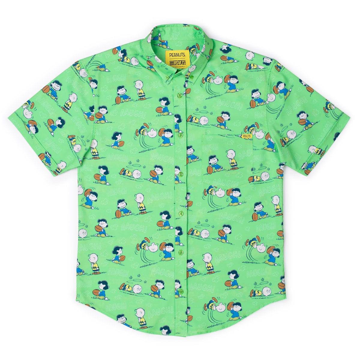Close-up of the buttons and woven brand label on the Peanuts button-down shirt
