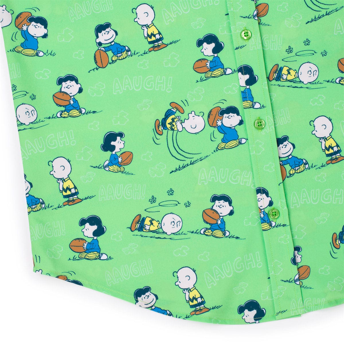 Folded view of the Peanuts button-down shirt showcasing the nostalgic comic strip design