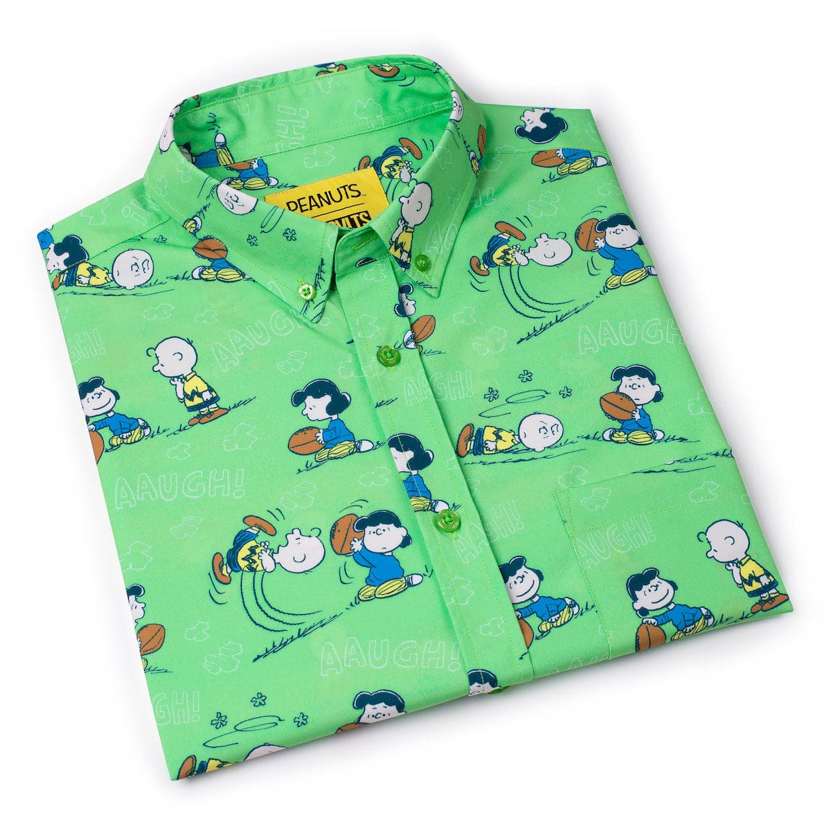Lifestyle product shot of the Peanuts button-down shirt displayed flat