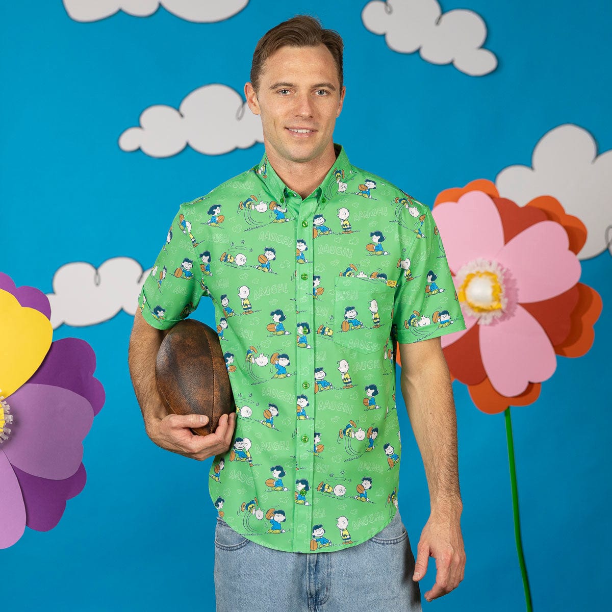 Close-up view of the button-down collar and chest pocket on the Peanuts button-down shirt