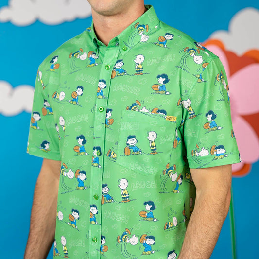 Peanuts button-down short sleeve shirt featuring an all-over comic print of Charlie Brown and the classic football gag-3