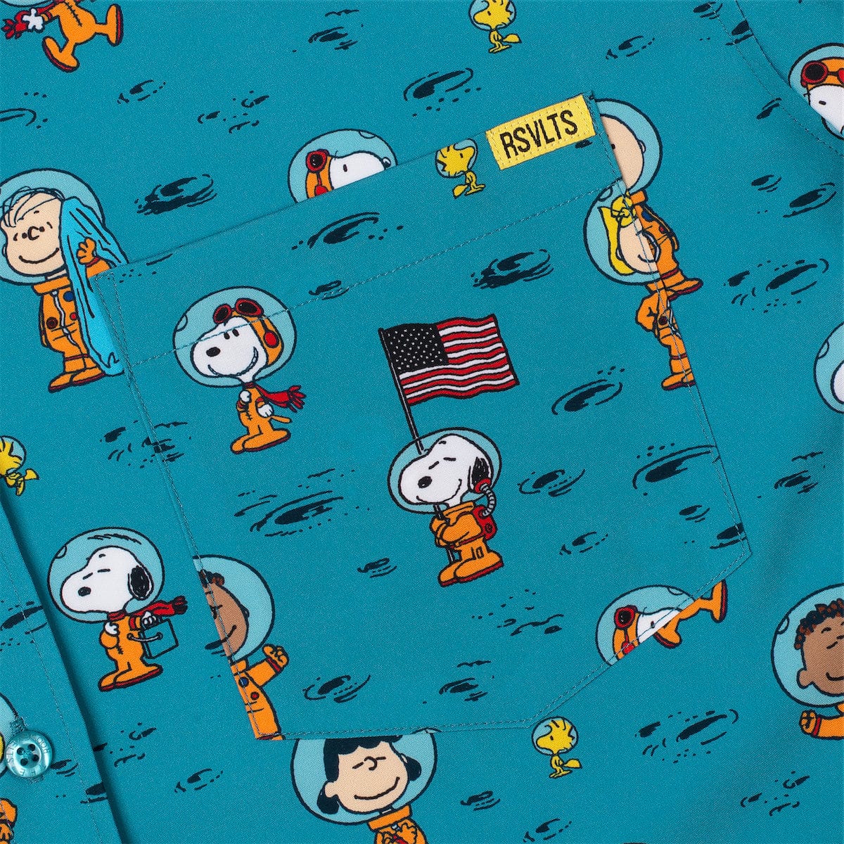 Back view of the Peanuts button-down shirt showing the continuous lunar print