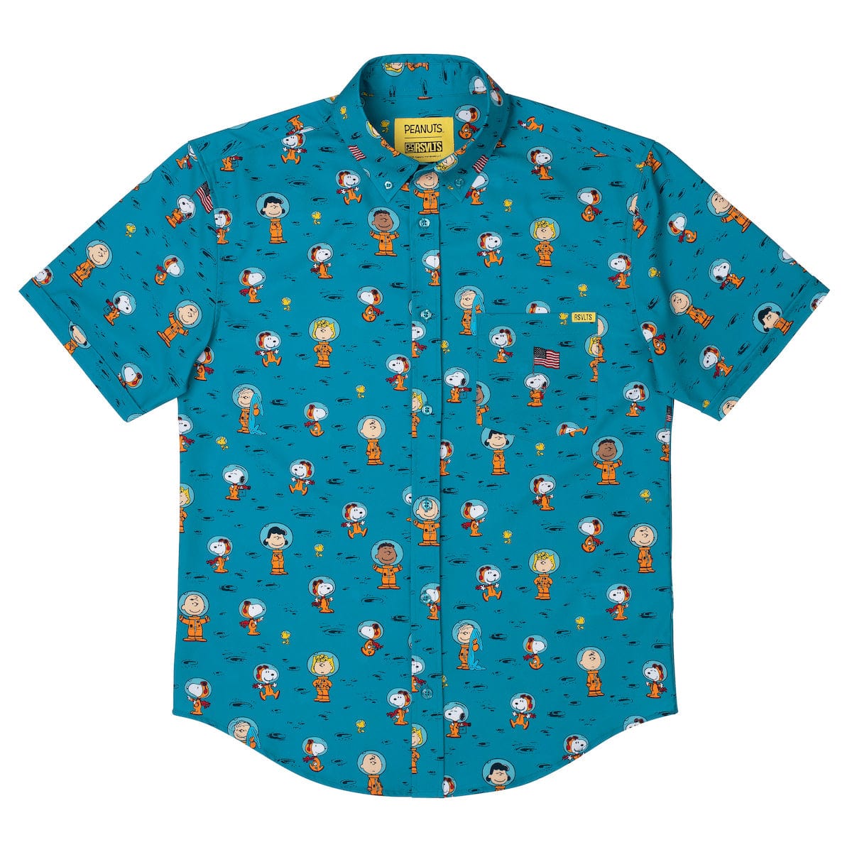 Sleeve detail showing the classic Peanuts crew graphic against the blue background
