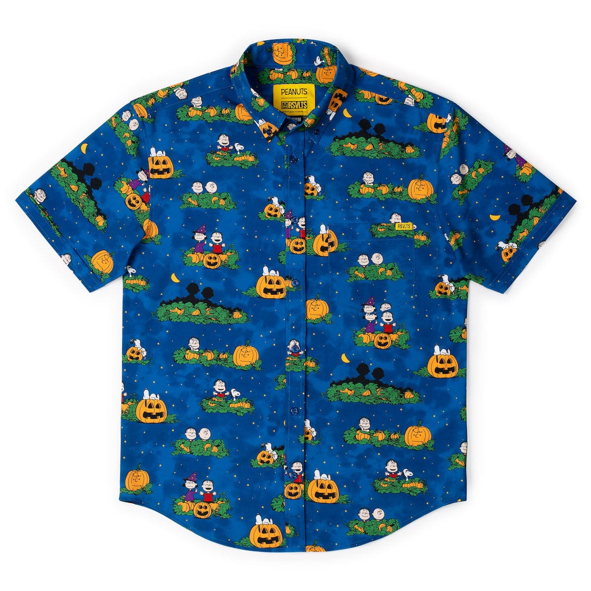 Back view of the button-down shirt with a seamless continuation of the Great Pumpkin pattern