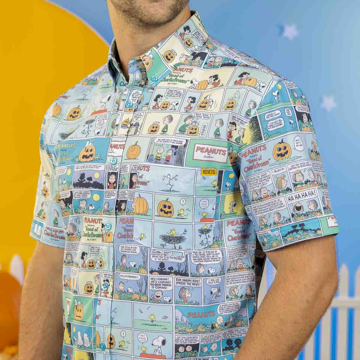 Close-up of the KUNUFLEX fabric featuring Charlie Brown and the gang in seasonal costumes