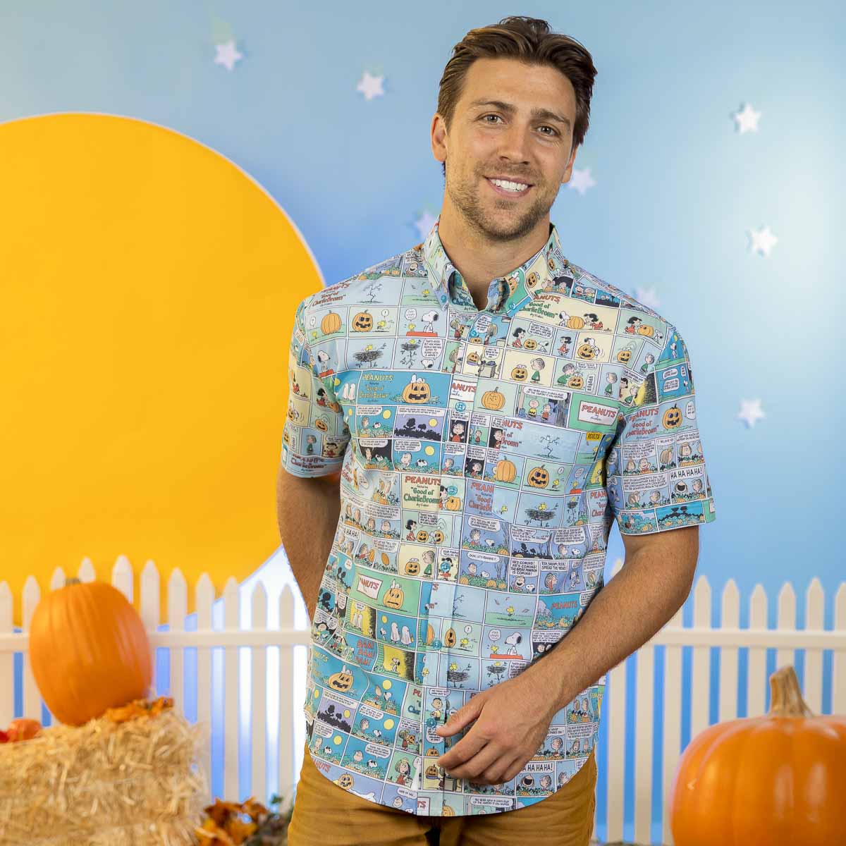 Back view of the Peanuts button-down shirt with matching comic strip pattern