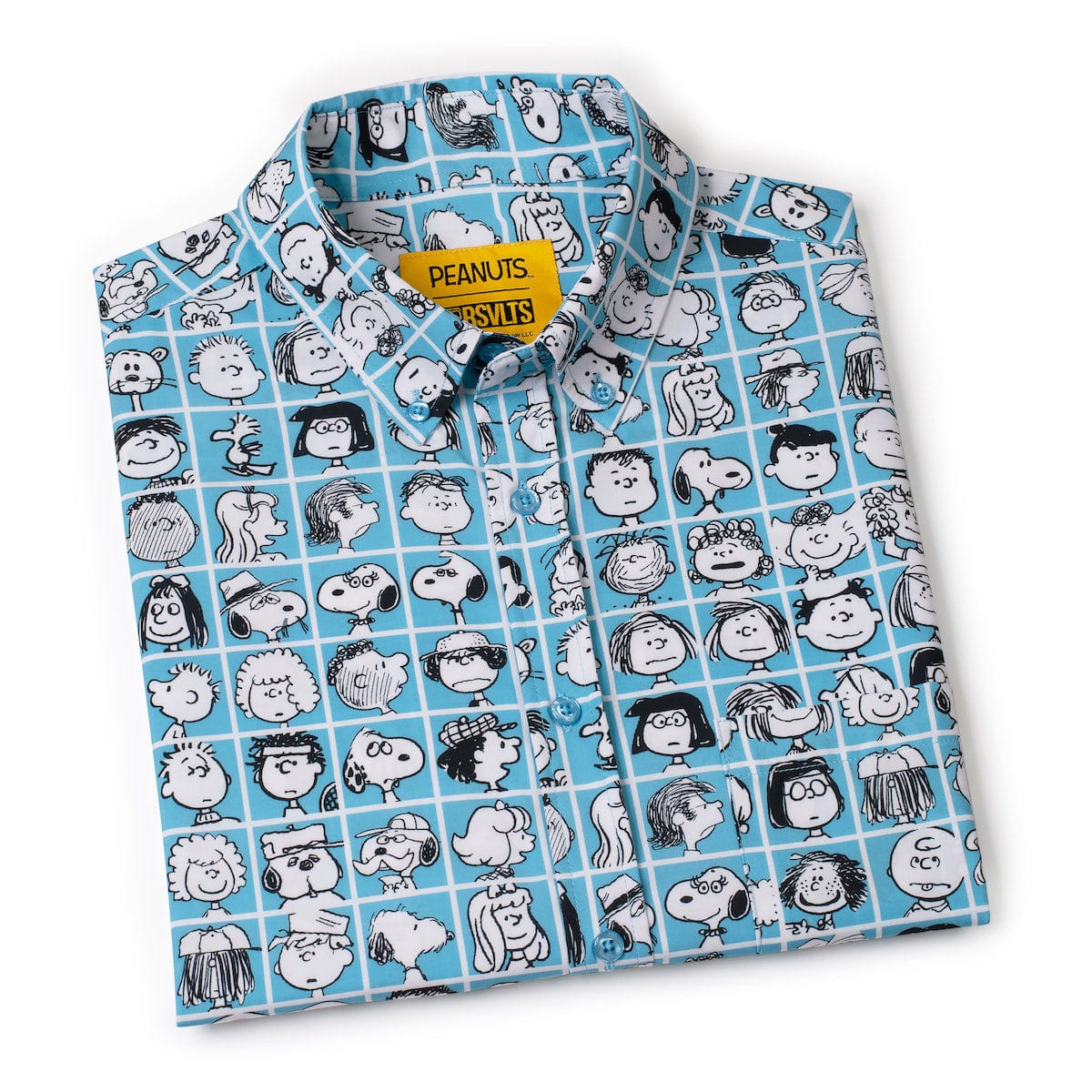 Full view of the character-rich button-down shirt laid flat