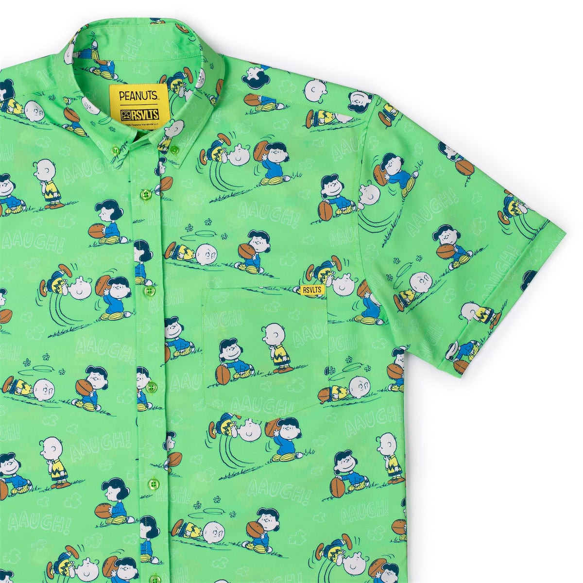 Peanuts button-down short sleeve shirt featuring an all-over comic print of Charlie Brown and the classic football gag