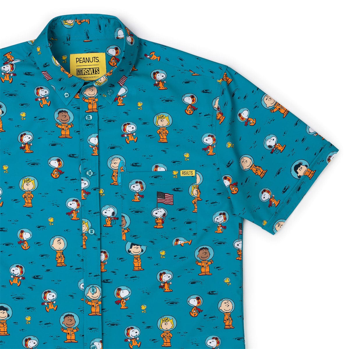 Peanuts x RSVLTS button-down shirt featuring the Astro 'Nuts lunar design with Charlie Brown and Snoopy on the front