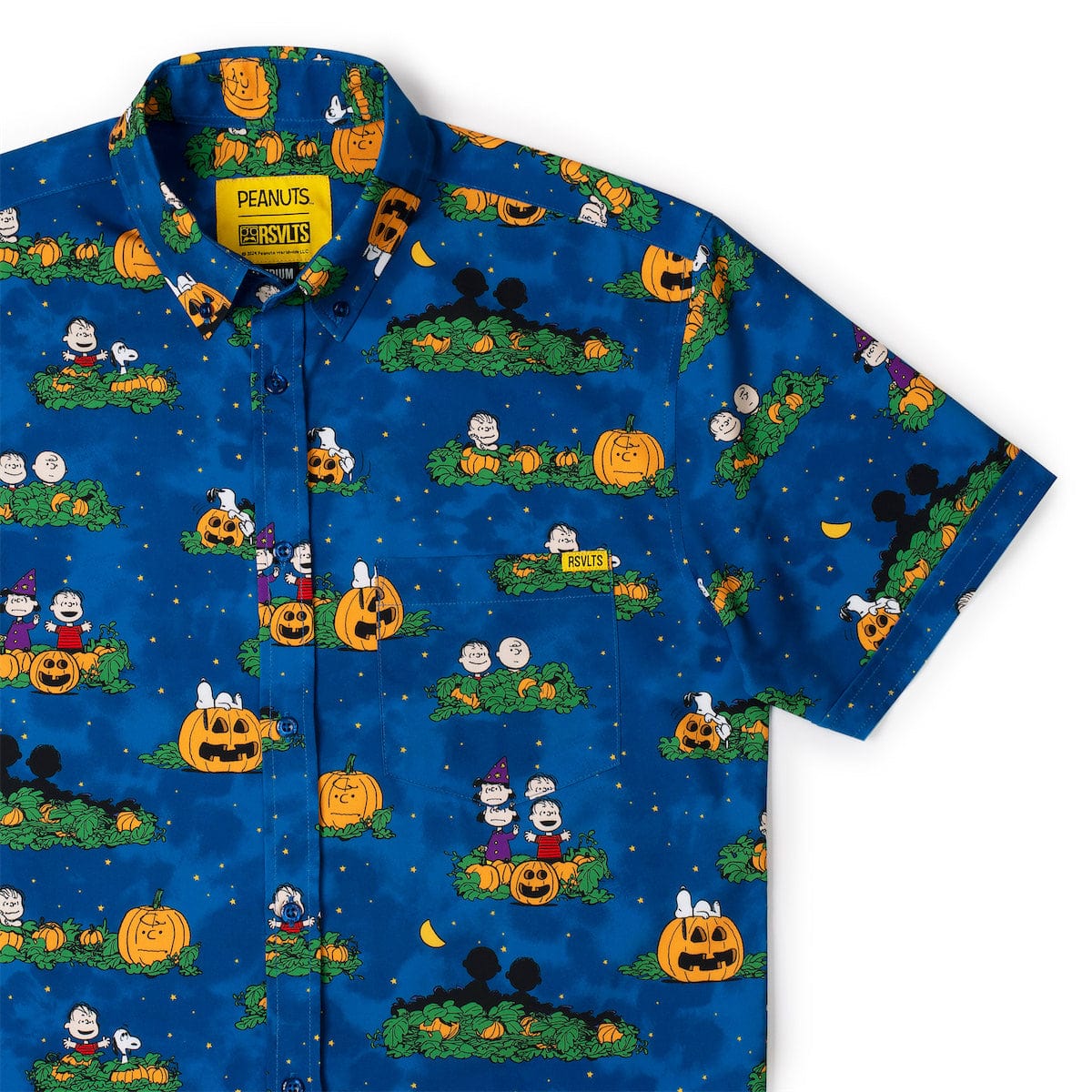 Peanuts x RSVLTS button-down shirt featuring a colorful All-Over print of characters waiting in the pumpkin patch