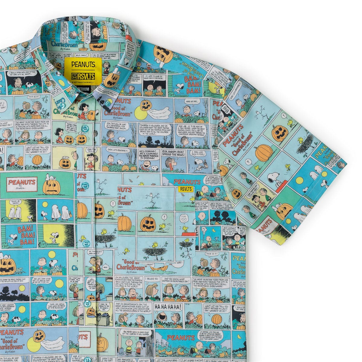 Peanuts Spooky Strips button-down shirt front view showing the all-over comic strip pattern