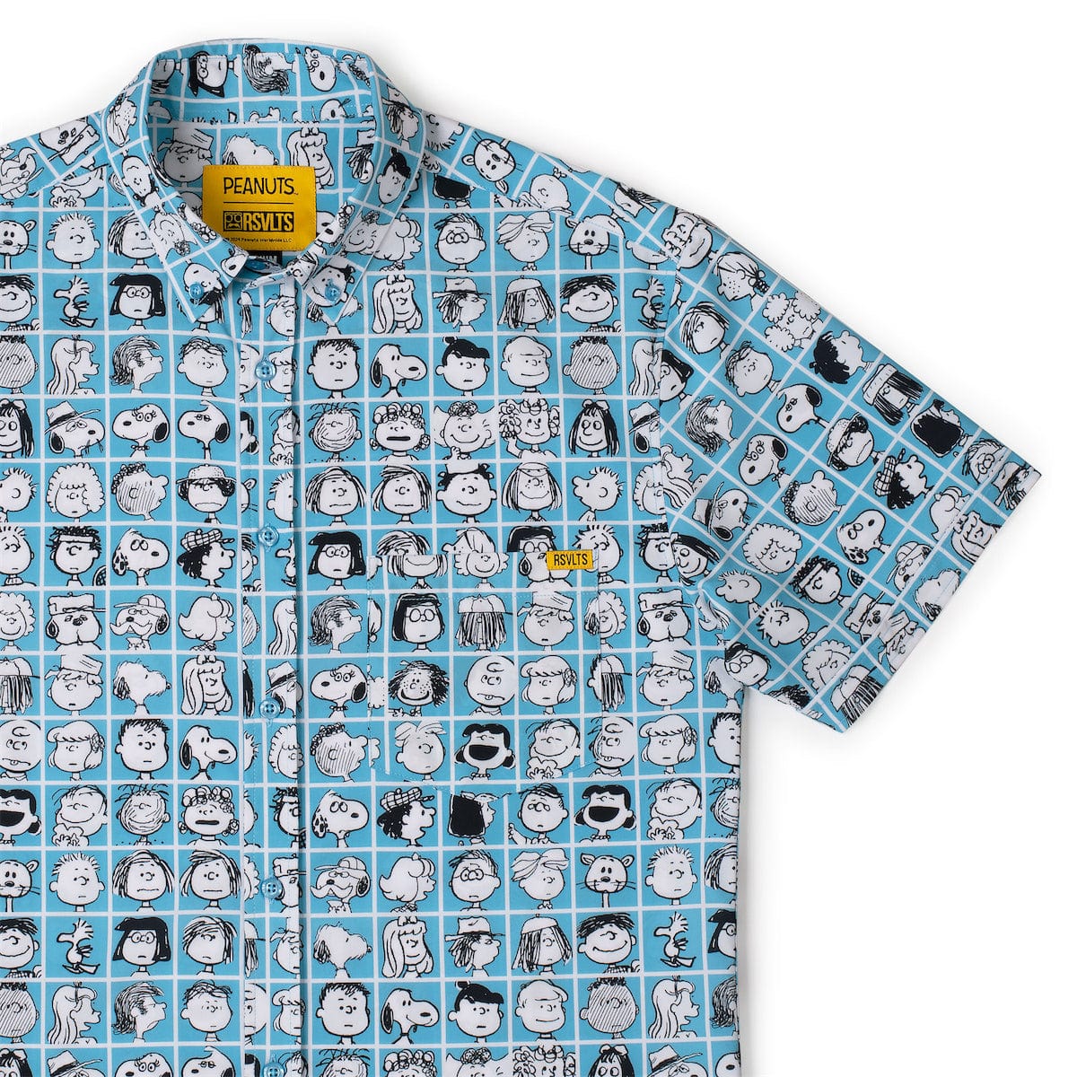 Peanuts x RSVLTS button-down shirt featuring a collage of comic strip characters across the front