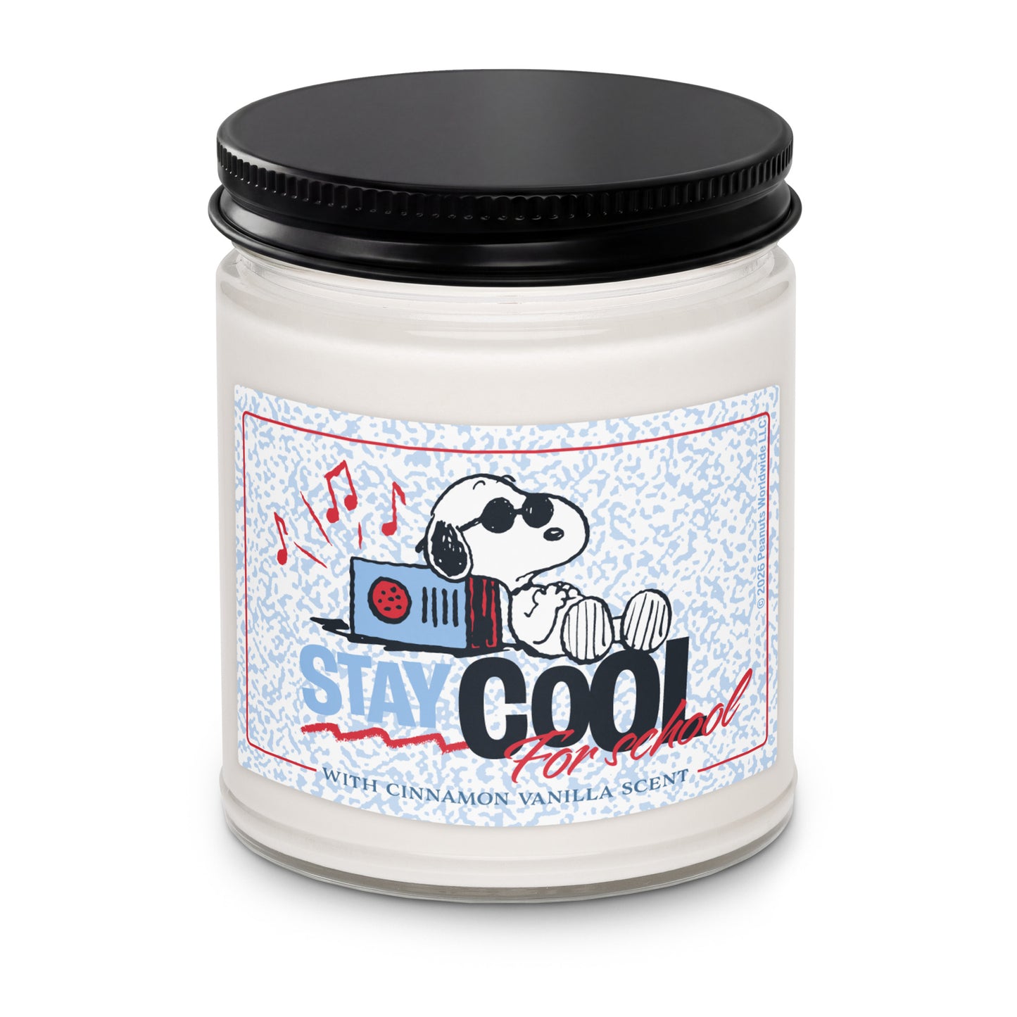 Peanuts Cool for School scented candle in glass jar