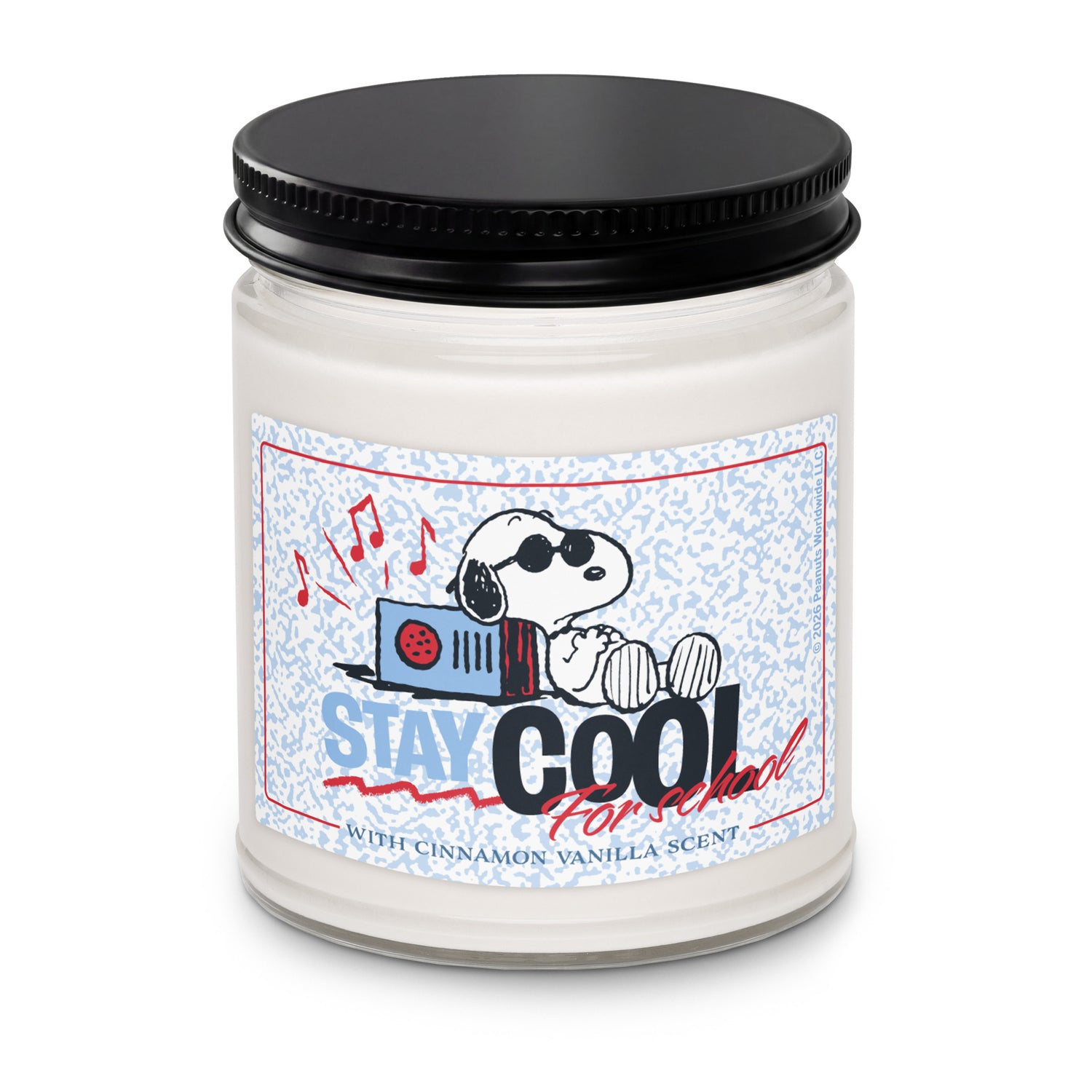 Peanuts Cool for School scented candle in glass jar
