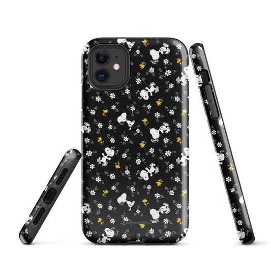 Peanuts iPhone tough case featuring Woodstock and Snoopy amid a floral pattern on the back-48