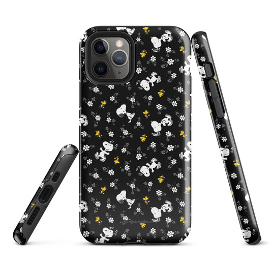 Peanuts iPhone tough case featuring Woodstock and Snoopy amid a floral pattern on the back-49