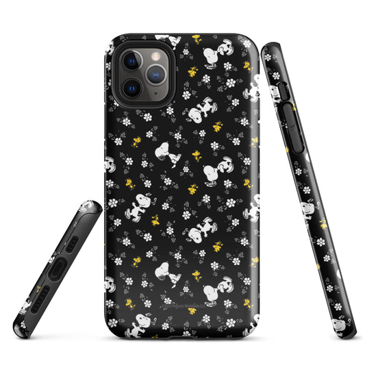 Peanuts iPhone tough case featuring Woodstock and Snoopy amid a floral pattern on the back-50