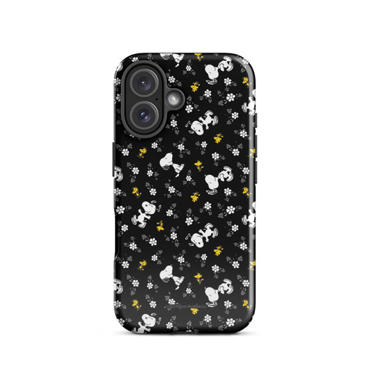 Peanuts iPhone tough case featuring Woodstock and Snoopy amid a floral pattern on the back-51