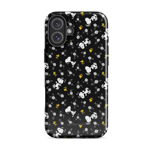 Peanuts iPhone tough case featuring Woodstock and Snoopy amid a floral pattern on the back-52