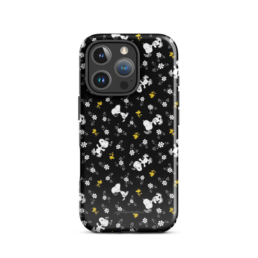 Peanuts iPhone tough case featuring Woodstock and Snoopy amid a floral pattern on the back-53