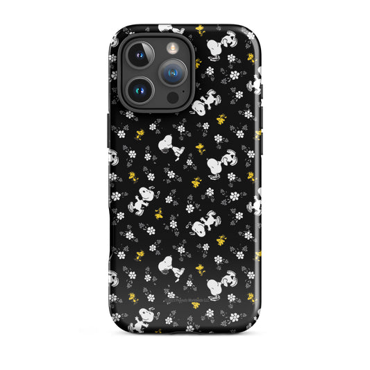 Peanuts iPhone tough case featuring Woodstock and Snoopy amid a floral pattern on the back-54