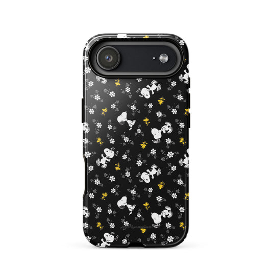 Peanuts iPhone tough case featuring Woodstock and Snoopy amid a floral pattern on the back-56