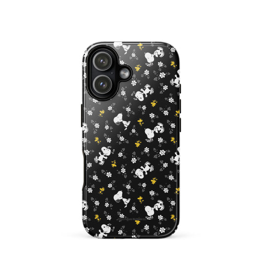 Peanuts iPhone tough case featuring Woodstock and Snoopy amid a floral pattern on the back-55