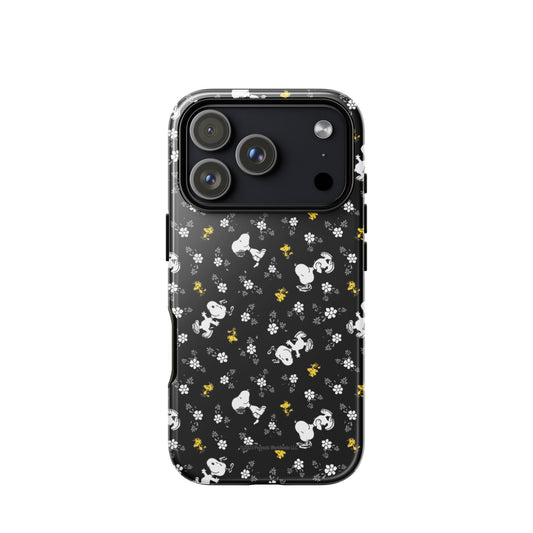 Peanuts iPhone tough case featuring Woodstock and Snoopy amid a floral pattern on the back-59