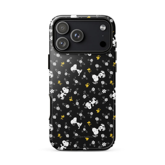 Peanuts iPhone tough case featuring Woodstock and Snoopy amid a floral pattern on the back-60