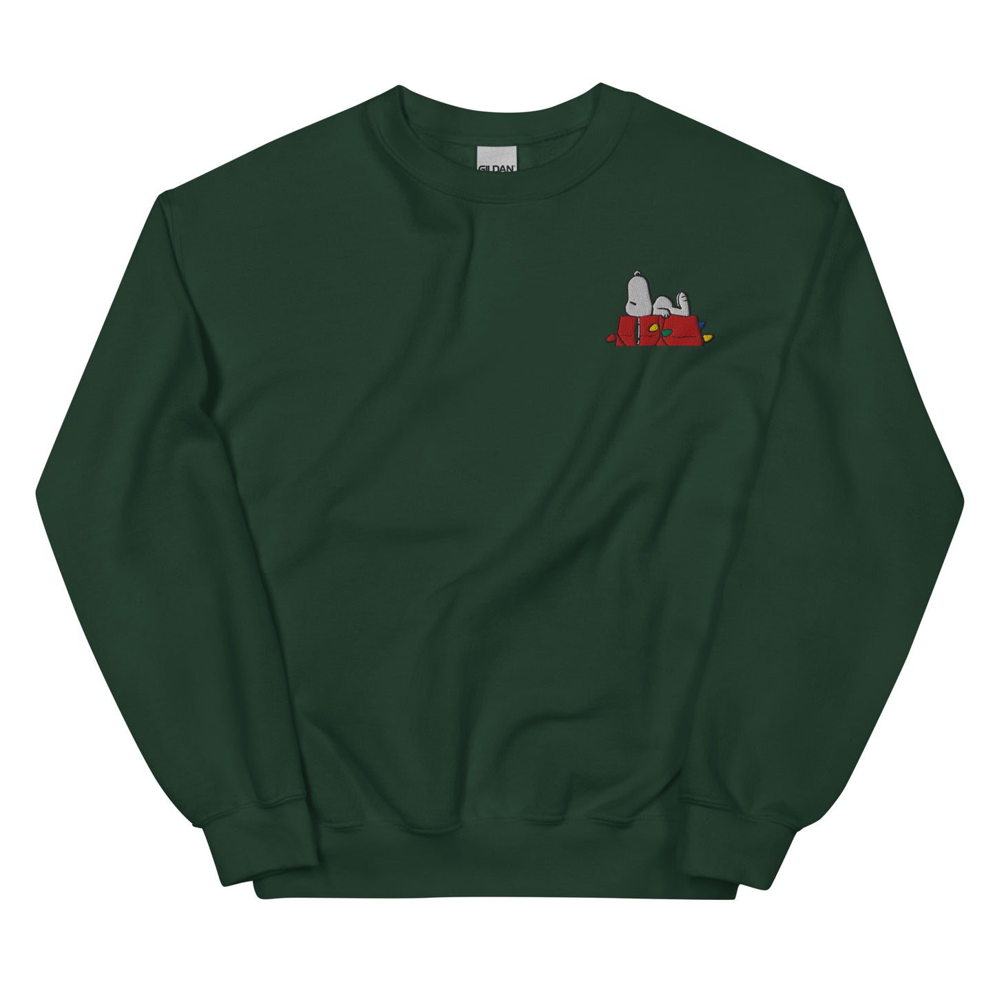 Forest green crewneck sweatshirt featuring a graphic of Snoopy on the front chest
