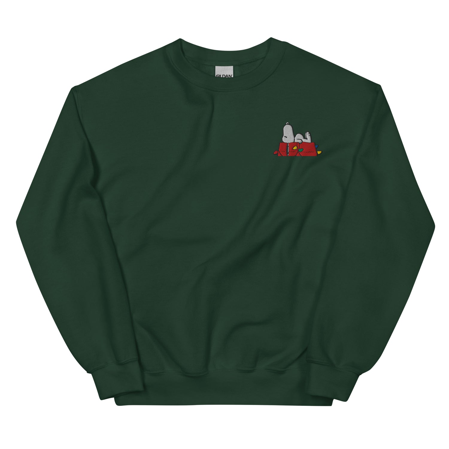 Forest green crewneck sweatshirt featuring a graphic of Snoopy on the front chest
